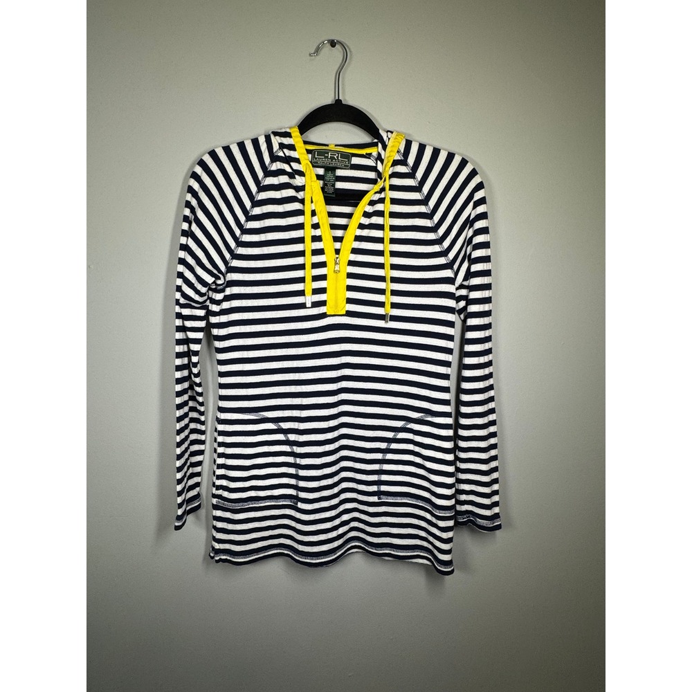 90s Style Ralph Lauren L-RL Active Navy White Striped Quarter Zip Hoodie